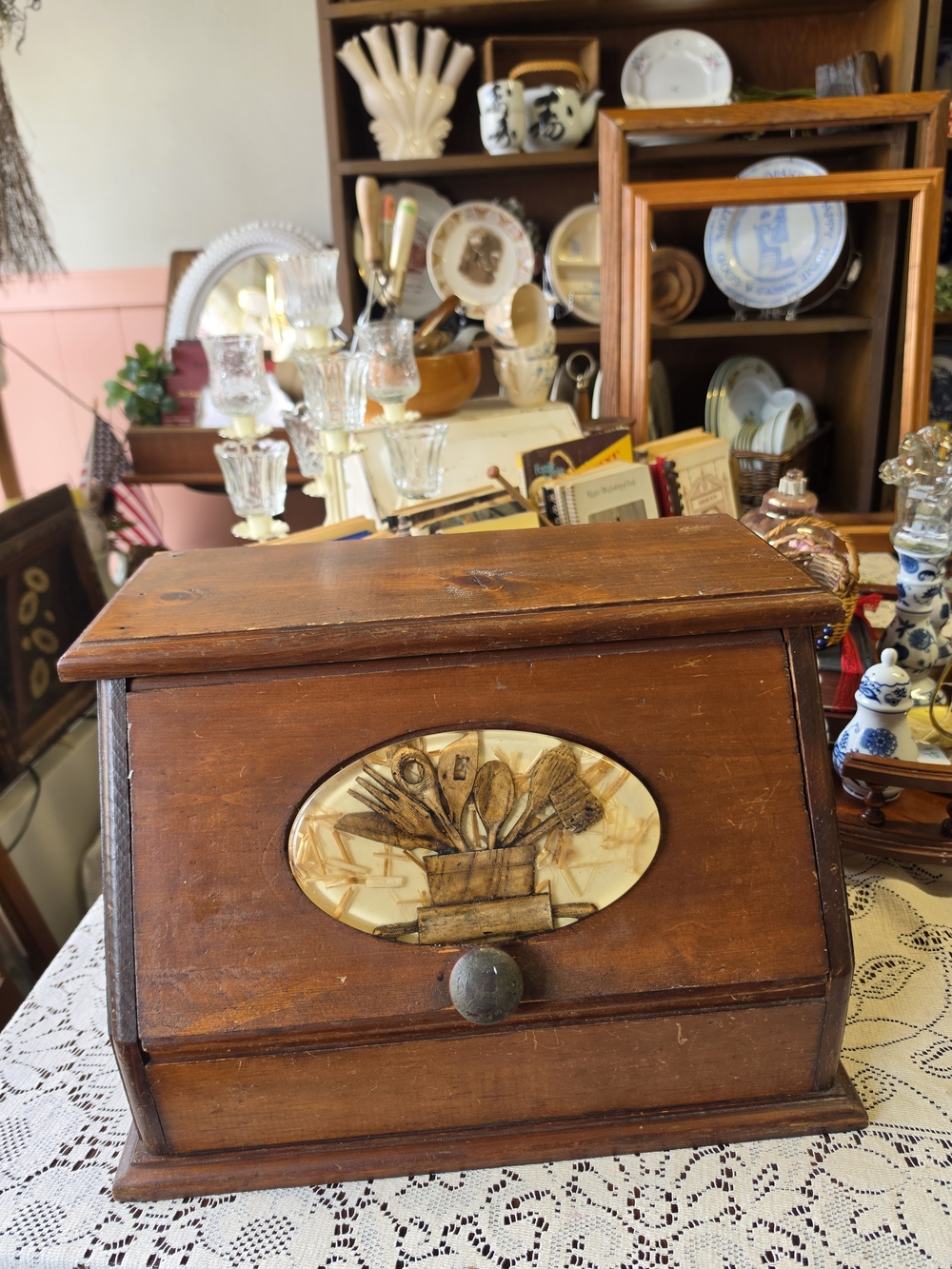 Vintage Wooden Recipe Box with Utensil Inlay - Brown